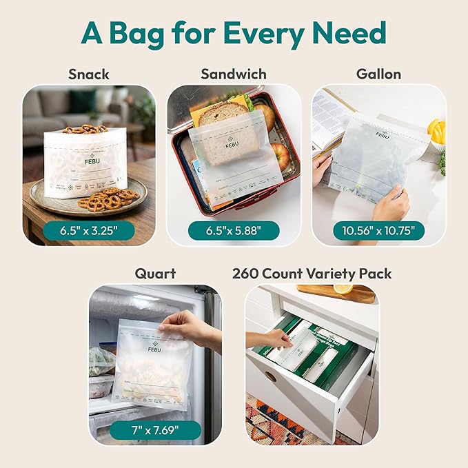 FEBU Gallon Compostable Food Storage Bags, 60 Count | Certified Home Compostable & Biodegradable | PFAS & BPA Free Zipper Bags | Leak-Proof & Resealable | 10.56” x 10.75”