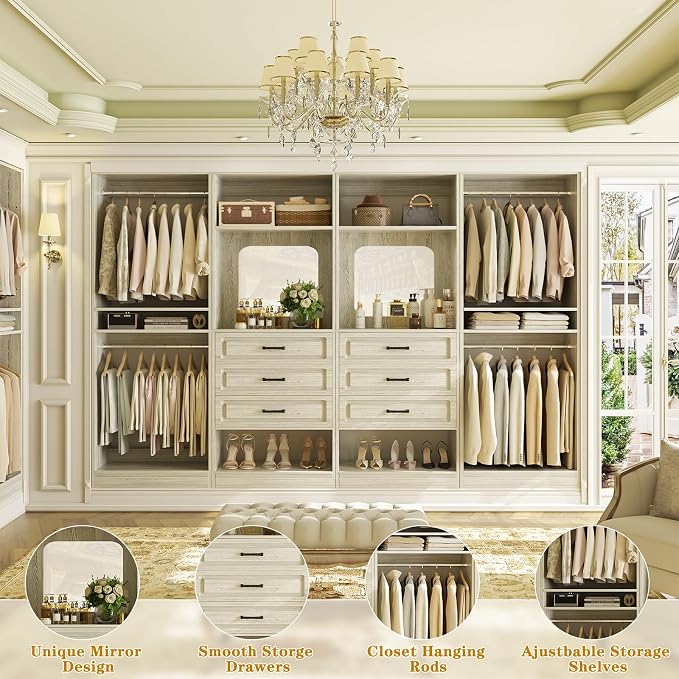 Unikito Closet System with Drawers, 100” Wood Closet Organizer with Hanging Rods and Mirror, Large Walk in Wardrobe Garment Rack with Adjustable Shelves, Freestanding Closet Tower, White Oak