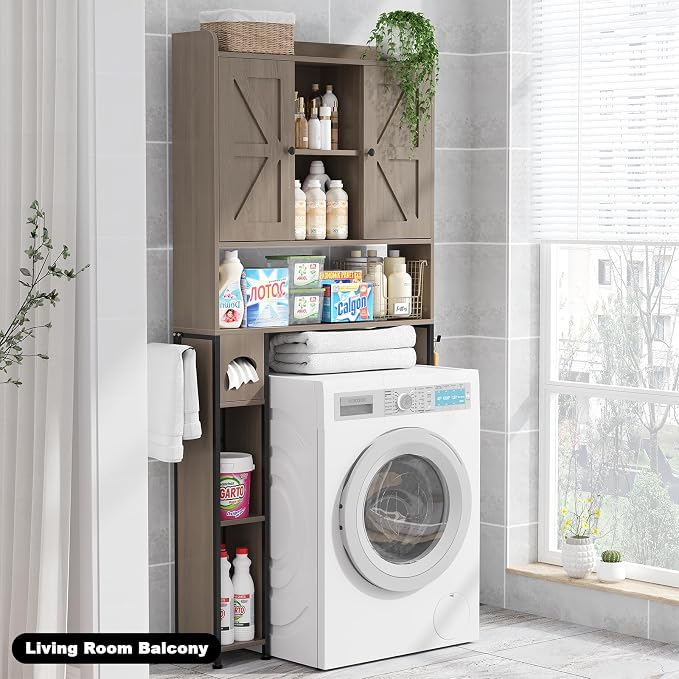 EasyCom Over The Toilet Storage Cabinet with Metal Frame and 7 Storage Shelves, Bathroom Organizer with Adjustable Shelves and Paper Holder, Farmhouse Storage Cabinet for Bathroom, Laundry, Oak Grey