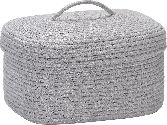 Sea Team Oval Cotton Rope Storage Basket with Lid, Lidded Woven Storage Bin, Nursery Storage Container, Diaper Caddy, Baby Shower Basket, Box, Organizer, 15 x 11 x 6.5 Inches (Medium, Grey)