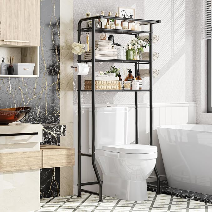 Simple Trending Over The Toilet Storage Cabinet, Metal Bathroom Shelf Organizer with Paper Holder and Hooks, 3 Tier, Black