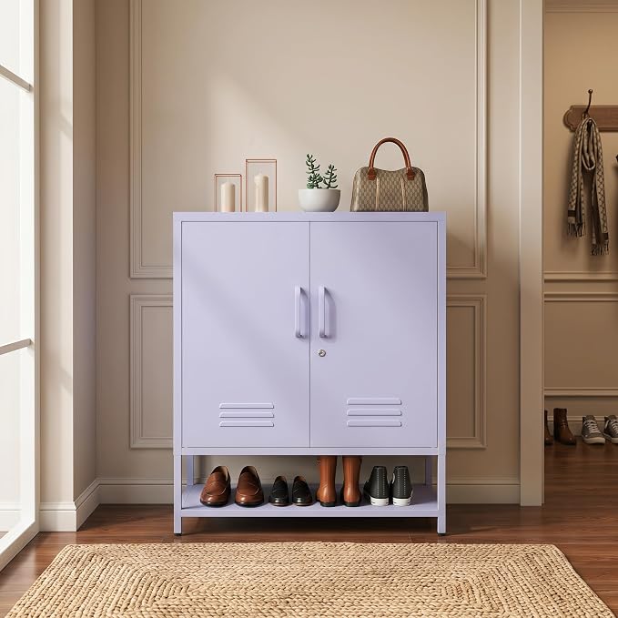 Lockable Metal Shoe Cabinet,Heavy Duty Storage Cabinet with 1 Adjustable Shelves,Purple Metal Storage Cabinet for Home,Entrance,Living Room,Bathroom 33" H X 29.5" W X 13.8" D