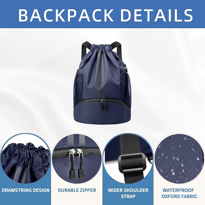 JELUTAR Drawstring Backpack Gym Bag with Shoes Compartment for Soccer, Basketball, Swim, Water-Resistant String Backpack Beach Cinch for Women Men, Navy Blue