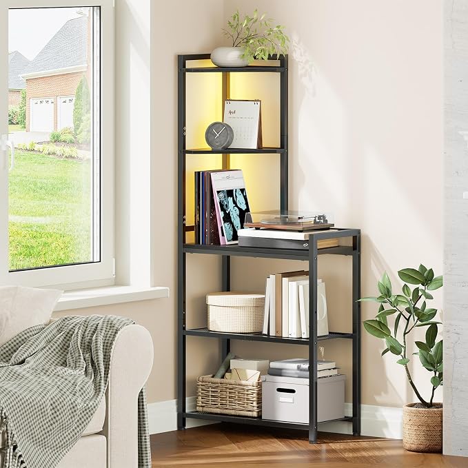 HOOBRO 5-Tier Corner Shelf Stand, Corner Shelf with LED Light, 56.3" Tall Corner Bookshelf, Display Rack Storage Organizer with Table, for Small Spaces, Living Room, Entryway, Black BB69DCJ01