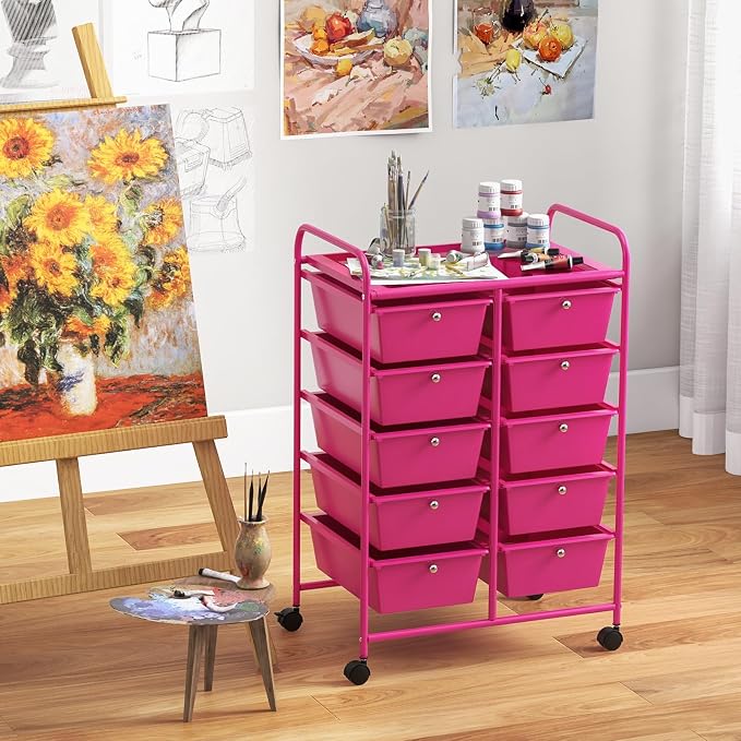 “Moccha 10-Drawer Rolling Storage Cart - Under Desk Storage Drawers with wheels for Craft Art Supply Paper Salon, Scrapbook Paper Tools, Storage Drawers Organizer, Mobile Utility Cart for Classroom