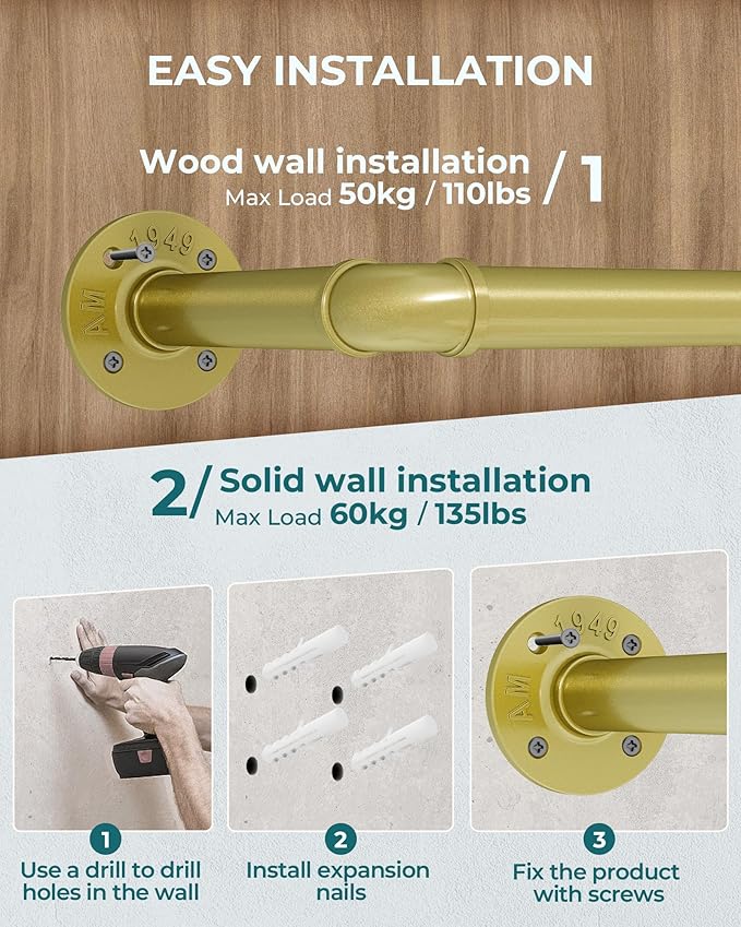 OROPY 38.4" Industrial Pipe Clothes Rack Wall Mounted, Heavy Duty, 2 Pack | Heavy Duty Iron Pipe Clothing Garment Rail, Multi-Purpose Clothing Hanging Rod for Laundry Room and Closet Storage, Gold