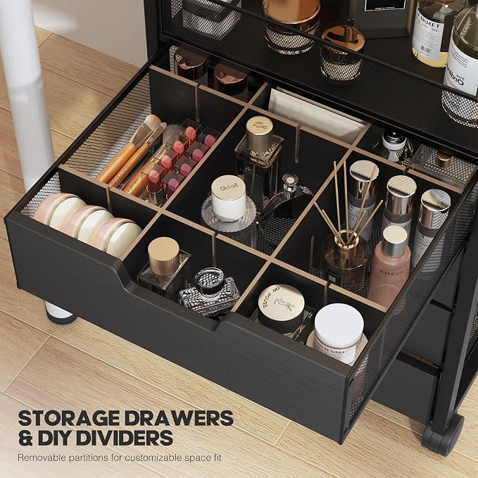 Makeup Organizer Cart with 4 Drawers, Vanity Storage Drawer Carts with Dividers, Nail Cart Organizer Cosmetic Display Cases Cabinet for Skin Care, Nail Polish, Perfume, Black
