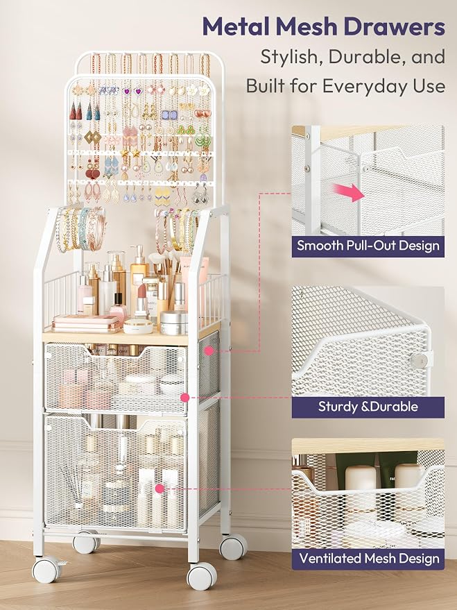 SWTYMIKI Jewelry Organizer with Drawers- Metal Jewelry Holder Stand Large Necklace Holder and Earring Organizer Display, Rolling Jewelry Storage Makeup Organizer for Bedroom Vanity Closet