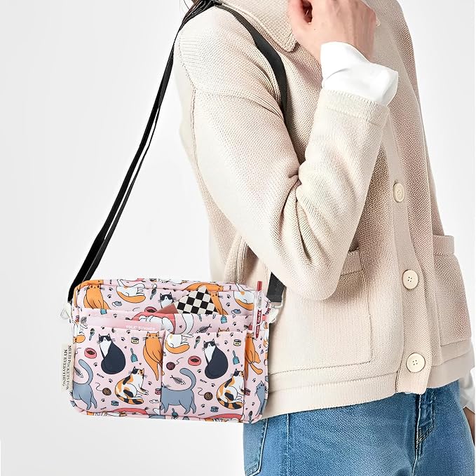 Multiple Pockets Portfolio Organizer with Zippered,Storage Pencil Pouch Bag | Waterproof Travel Toiletry Bag,Portable Pencil Pouch for Notebooks,Stationeries,Make-up,Journal Office Art Supplies,Pink Cat