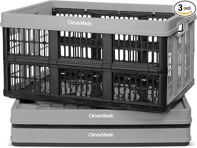 CleverMade Collapsible Utility Crates 45L (3 Pack) – Foldable Plastic Crates with Heavy Duty 66 lb Capacity, Collapsible Crates for Storage, Trunk Organization, Moving - Stone