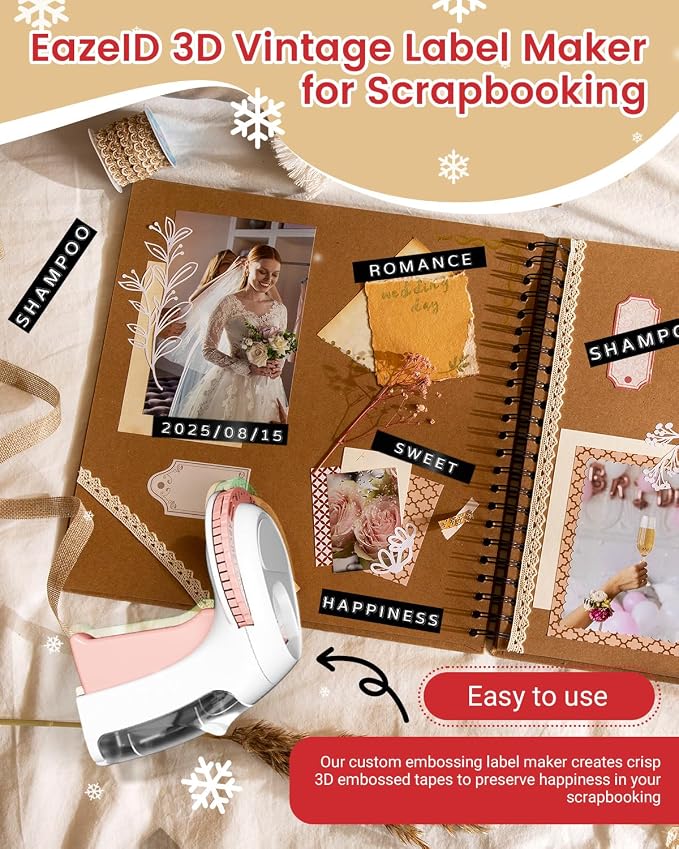 Embossing Label Maker Manual, Vintage Embossed Label Maker Pink, Retro Embosser Handheld Labeler with 3 Black Tapes 3/8Inch for DIY Scrapbooking, Kids Teachers Practical Gift, Home Office School Use