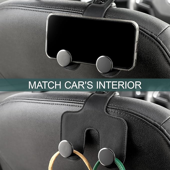 JESTOP Car Headrest Hook, Bags Hanger for Car, Leatehr Car Double Hooks for Purses and Bags, Car Hanger Storage Holder for Handbag Coat Umbrella, Car Inside Accessories