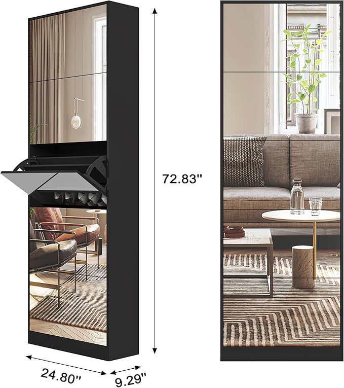 Mirrored Shoe Storage Cabinet with 5 Flip Drawers, 30 Pairs | Real Glass Mirror | Fits Men's Size 15 | Narrow Floor Standing | Entryway Organizer | Space-Saving | Black