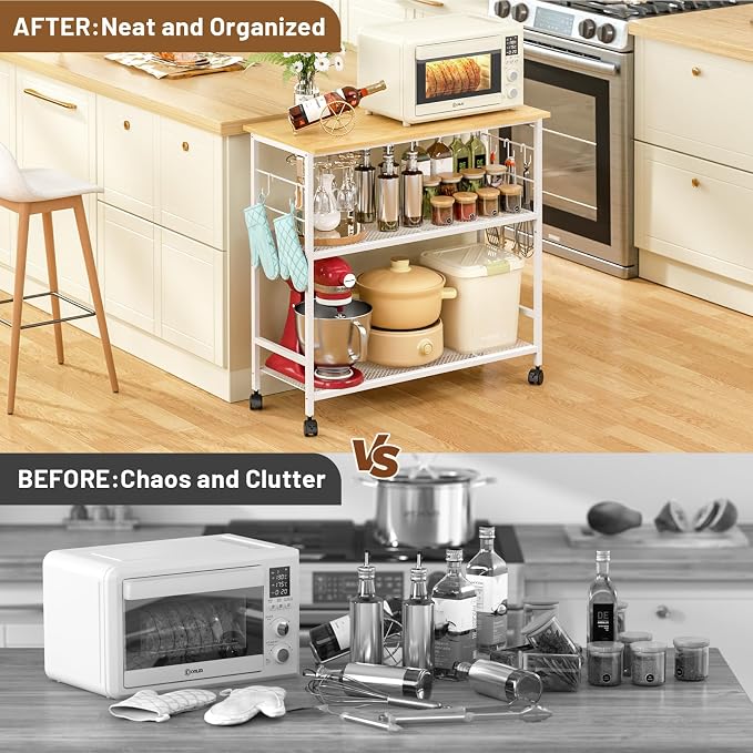 3 Tier Rolling Kitchen Microwave Cart, 33 Inch Microwave Table Stand with Adjustable Shelf, Kitchen Storage Island Utility Cart on Wheels, Bakers Rack Coffee Bar for Living Room, Office, White