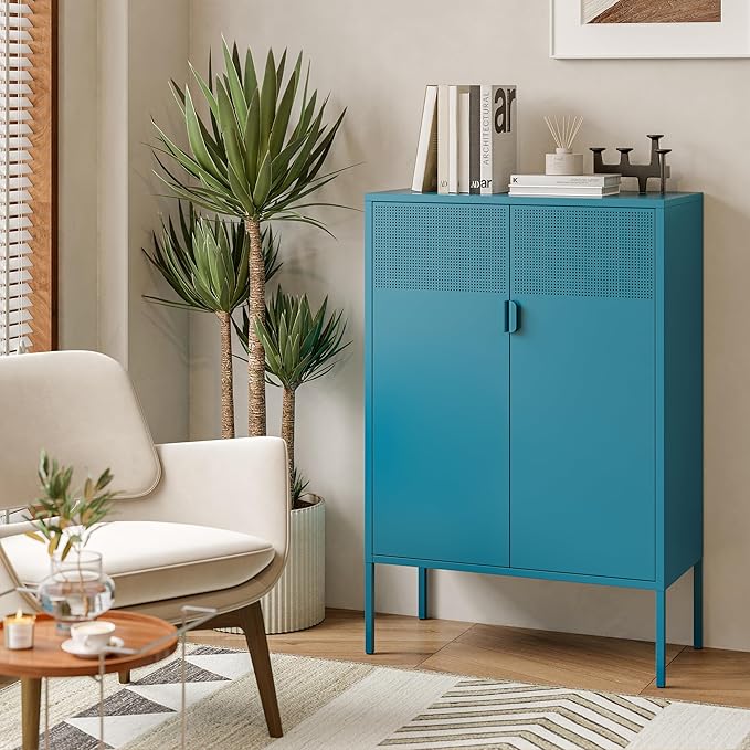Ustamio Blue Metal Storage Cabinet - 3 Tier Steel Office Storage Cabinet with Doors and Shelves for Home, Office and Kitchen