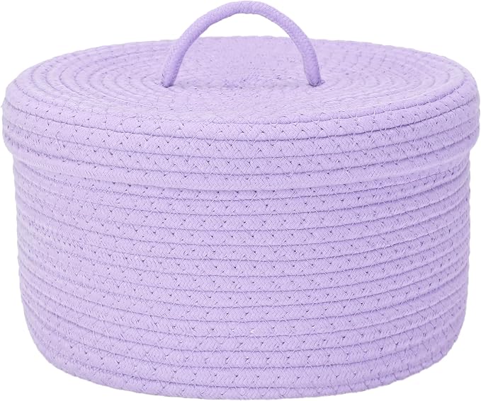 Sea Team Round Cotton Rope Storage Basket with Lid, Lidded Woven Storage Bin, Nursery Storage Container, Diaper Caddy, Baby Shower Basket, Box, Organizer, 11.8 x 11.8 x 6.7 Inches (Medium, Lavender)