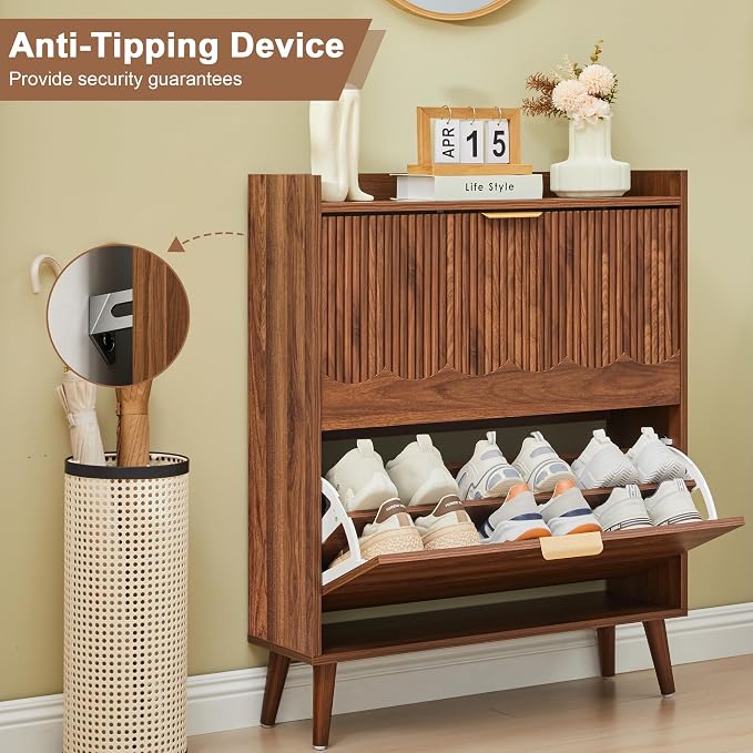 BERRYMERRY 30" Narrow Shoe Storage Cabinet with 2 Flip Drawers and Wave Fluted Design for Hallway Entryway Living Room Foyer (Fluted Walnut 2 Drawer)