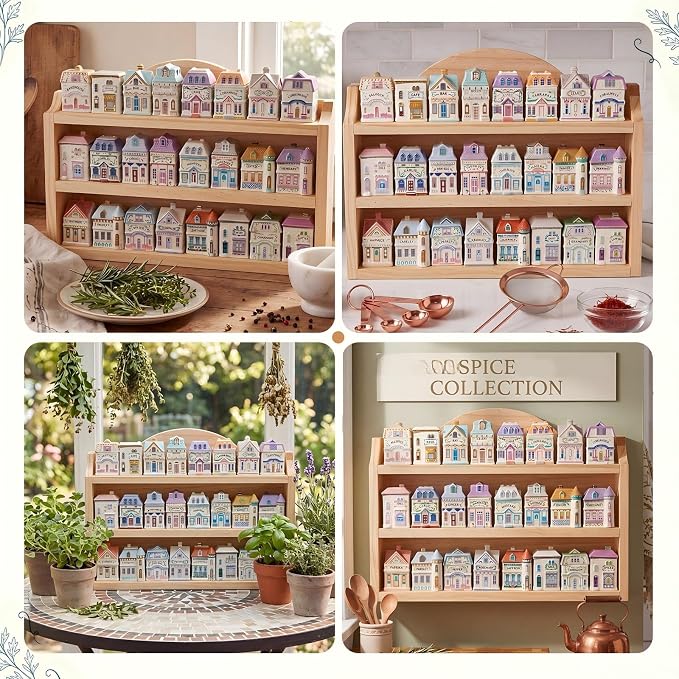 Chunful Vintage Spice Jar Wooden Rack Beige Natural 3-tier Spice Shelf for 24 Jars, Village Style Wall Mounting Kitchen Storage Decorative Hanging Display Rack, Shelf Only