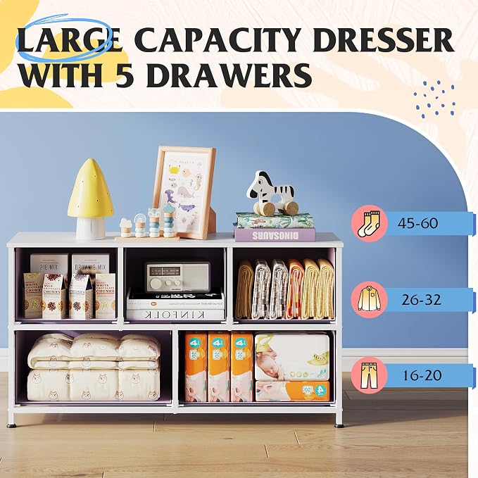 WLIVE Dresser for Bedroom with 5 Drawers, Wide Chest of Drawers, Fabric Dresser, Storage Organizer Unit with Fabric Bins for Closet, Living Room, Hallway, Tie-dye Print (Pink, Purple, Blue)
