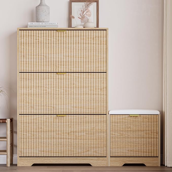 BORNOON Slim Shoe Cabinet with Bench for Entryway, Hidden Storage and Adjustable Shelves, Free Standing Wooden Shoes Organizer for Hallway, Foyer