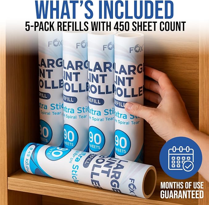 Fox Trot Large Lint Roller Refills, 9.45 inch Wide, 5 Pack, 450 Sheets
