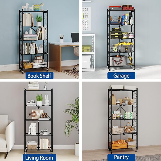 5 Tier Foldable Storage Shelves with Wheels -No Assembly Metal Folding Shelves Collapsible Shelving Unit Display Heavy Duty Rolling Shelf for Home Kitchen Office Room (Black, 64" x 13" x 27")