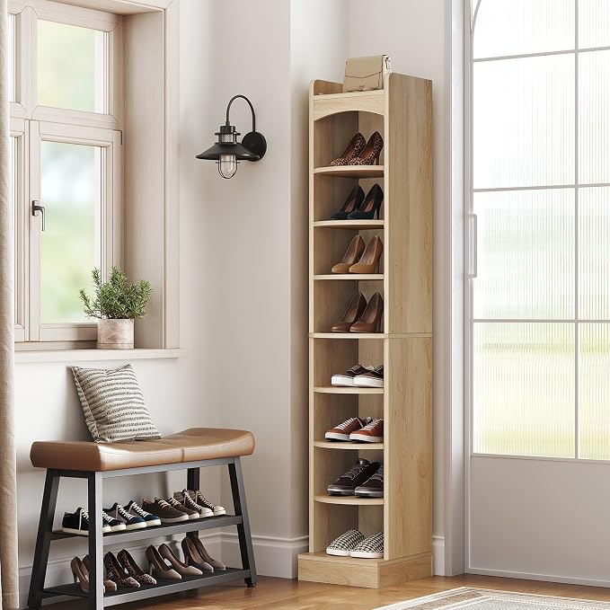 YATINEY 9-Tier Tall Shoe Rack, Wooden Shoe Storage Organizer, Narrow Shoe Cabinet with Removable Shelves for Small Spaces, Holds 9 Pairs of Shoes, for Entrance, Hallway, Natural SS02NL