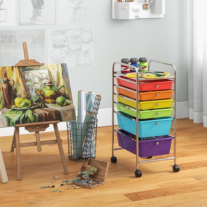 DREAMADE Rolling Rainbow Cart with 6 Drawers, Utility Cart with Removable Plastic Drawers, Lockable Wheels, Art Cart for Classroom Organization Art Supplies Office Scrapbook (6 Drawers, Multi-color)