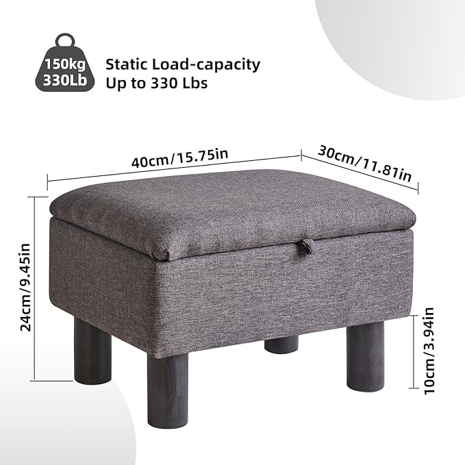 Aibiju Small Foot Stool Ottoman with Storage, Linen Foot Rest with Wood Legs Safety Hinge Flip Top, Bedside Step Stool Rectangle 16x12x9.5inch for Living Room Bedroom Dark Gray YD-JD1363