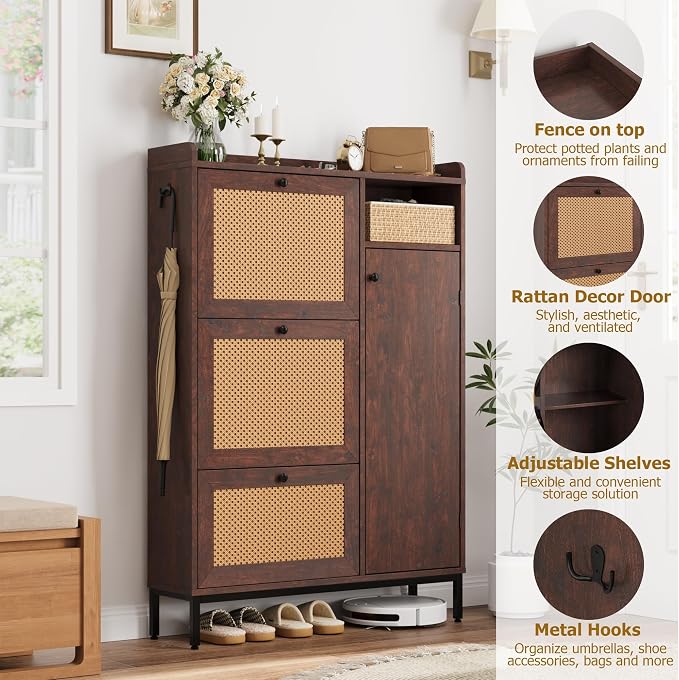 Garvee Shoe Cabinet with 3 Flip Drawers and 4-Tier Shoe Storage Cabinet, Freestanding Shoe Organizer with Adjustable Shelf and Rattan Doors for Entryway, Closet, Hallway