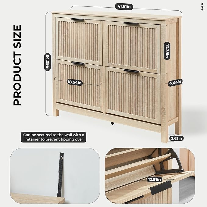 4 Flip Drawers Shoe Cabinet Storage for Entryway, Narrow Hidden Shoes Cabinet Organizer Front Door Entrance Thin Free Standing Front Door Shoe Rack Storage for Entryway(Oak)