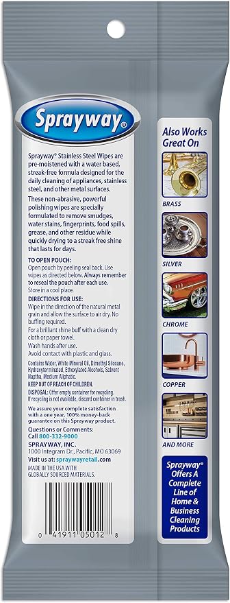Sprayway Stainless Steel Wipes (Water-Based), 20ct, Pack of 12 | Pre-Moistened, Streak-Free Formula | Cleans Stainless Steel, Brass, Silver, Chrome, Copper | Removes Smudges, Stains, Fingerprints | Streak-Free, Pre-Moistened Wipes | Removes Fingerprint...