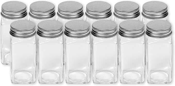 Simple Houseware Spice Jars 4-oz Square Glass Bottles, 12 Pack | 4 Ounce, with Shaker Lids, Funnel and Labels for Seasoning & Storage