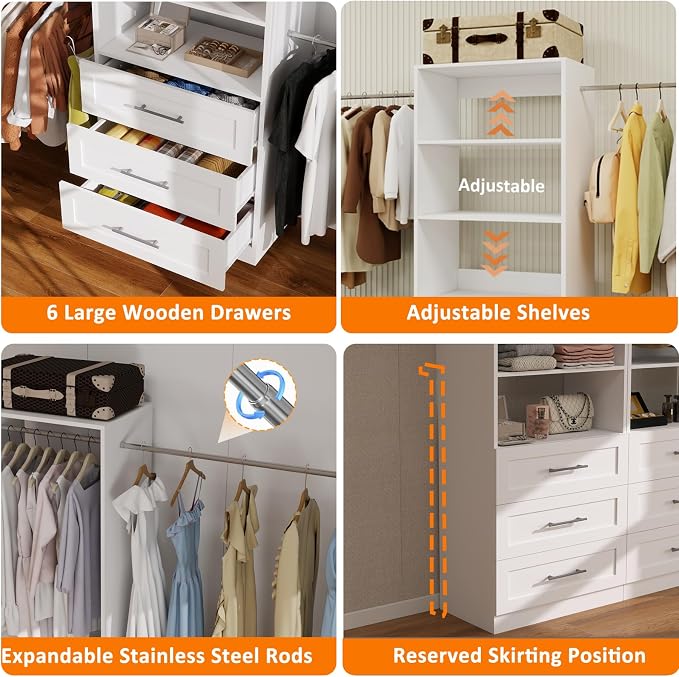 Closet System with 6 Drawers, 8FT-21FT Wooden Organizer System | 81"Tall Modular Walk In Closet System with 8 Hanging Rods&Adjustable Shevles,Standalone Closet System System, 4Set,White