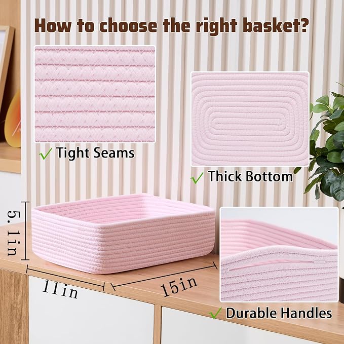 MiniArk Large Shallow Organizing Baskets 15x11x5.1 Inches - Rope Woven Storage Bins for Bathroom, Shelves, Cube Closet, Light Pink 4 Packs