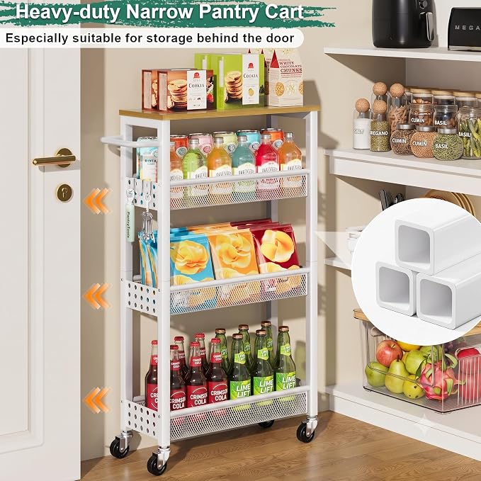 Slim Rolling Storage Cart, Laundry Room Organization and Storage Shelves for Between Washer and Dryer, Narrow Shelf Unit for Small Spaces, 4 Tier Thin Organizer Carts with Wheels for Bathroom, Kitchen