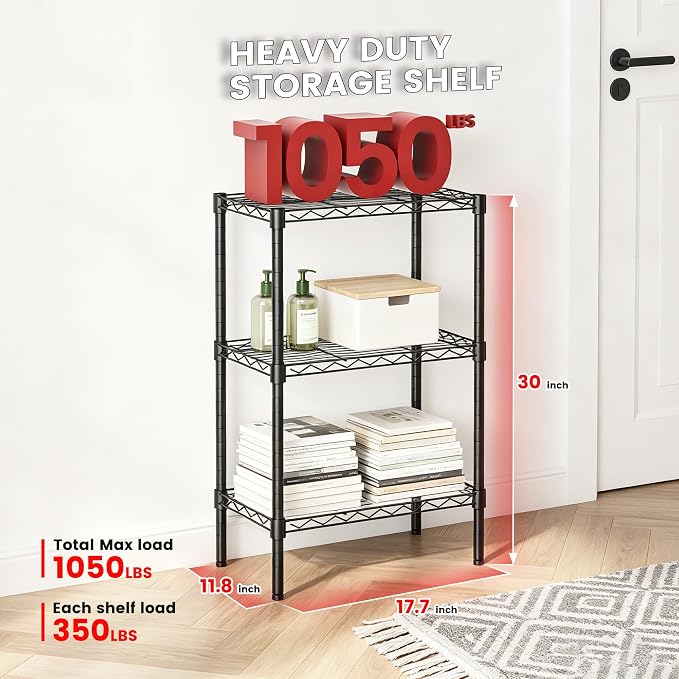Xcity Storage Shelves, 3 Tier Heavy Duty Metal Shelving Unit, 1050 LBS Adjustable Steel Wire Shelf for Commercial, Pantry, Kitchen, Garage, 12" D x 18" W x 30" H, Black