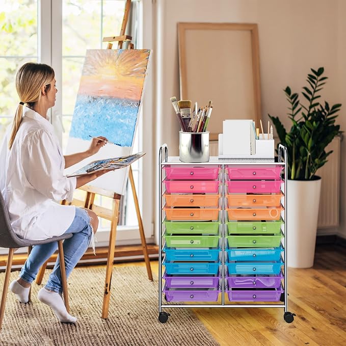 COSTWAY 20-Drawer Rolling Storage Cart, Utility Storage Organizer Cart | For Tools, Scrapbook, Paper, Craft, Multipurpose Storage Trolley on Wheels for Home Office School (Rainbow)