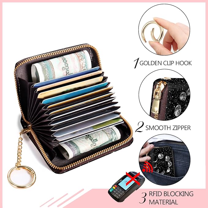 Blusabaca RFID Credit Card Holder Small Women Travel Wallet, Night Moon | Removable Keychain, Case with Zipper, Vegan PU Leather, Cash Coin Pocket, Business Accordion Purse, Ladies Female Gift