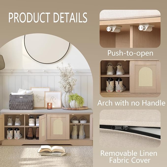 DINZI LVJ Shoe Bench, Entryway Storage Bench with Doors, Cushion, 2-Tier Shoe Rack with 8-Cubby, 47.2”L x 13.8”W Shoe Organizer Cabinet, Adjustable Shelf, Living Room, Bedroom, Natural with Rattan