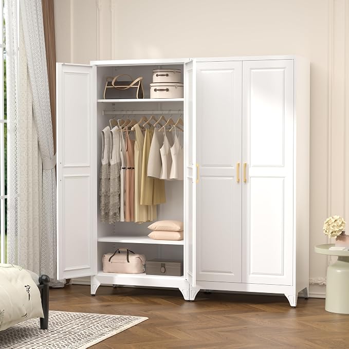 Polup Metal Armoire Wardrobe Closet with Doors and Shelves, 71" Tall Freestanding Wardrobe Cabinet for Hanging Clothes, Large Closet with Hanging Rod for Bedroom, Office, School, Employee, Gym, White