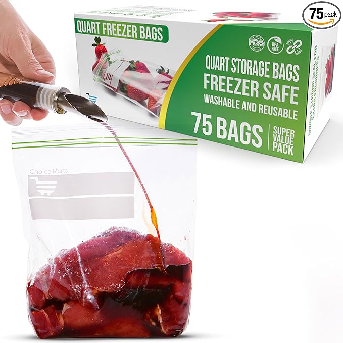 Quart Size Freezer Bags – 75 Count, Resealable, Extra Strong 2 Mil Leak Proof Double Zipper Clear Stand Up Food Bags