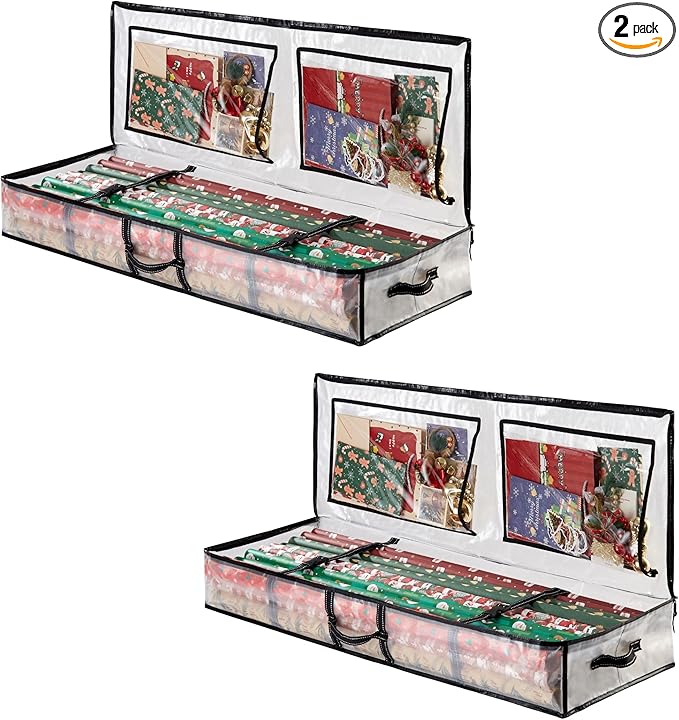 VENO 2 Pack Clear Wrapping Paper Organizer Storage Box for Christmas Gift Bags and Holiday Accessories, Underbed Storage Container with Interior Pockets, 40 Inches Long Fits 24 Rolls (2 Pack)