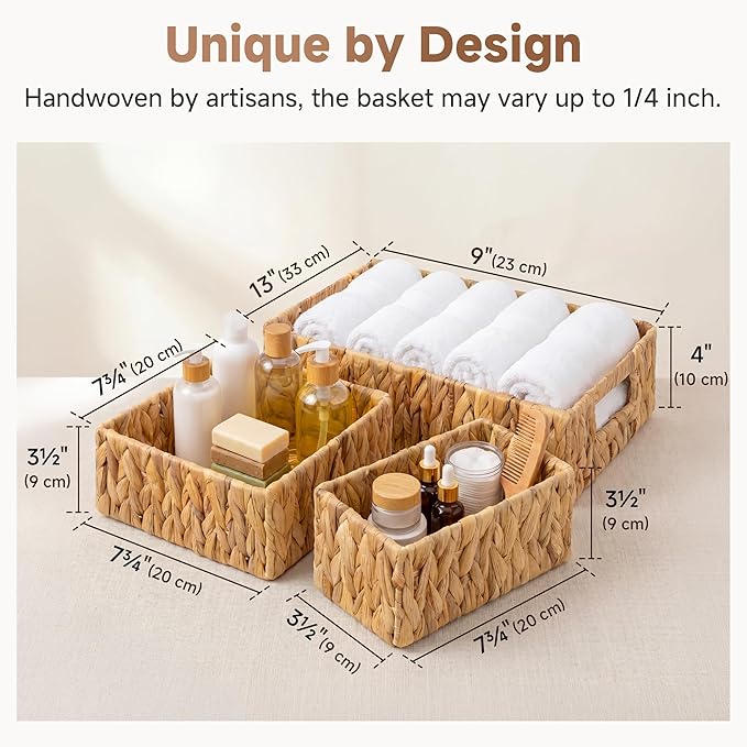 StorageWorks Pantry Baskets for Shelves 3 Pack, Rectangular Wicker Basket with Handles, Natural Water Hyacinth Woven Baskets for Living Room, Toilet, Shelf Storage Basket for Home Decor