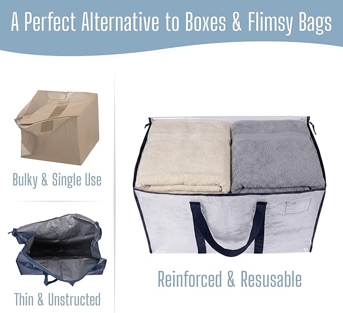 VENO 4 Pack Heavy Duty Moving Bags, Extra Large Storage Bags with Reinforced Handles & Strong Zippers, Foldable & Reusable Moving Box Alternative for Clothes & Dorm Storage