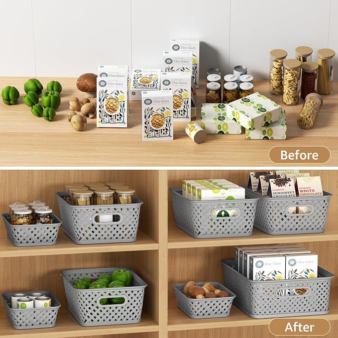MaxGear 3 Pack Plastic Storage Baskets, Large, Grey | Durable Woven Plastic with Built-In Handles, Suitable for Shelves, Closets, Cabinets, Bathrooms and Offices