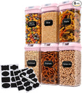 Set of 6 Airtight Food Storage Containers - Pantry Organizer Bins, BPA Free Plastic Containers plus Dry Erase Marker and Labels, Pink