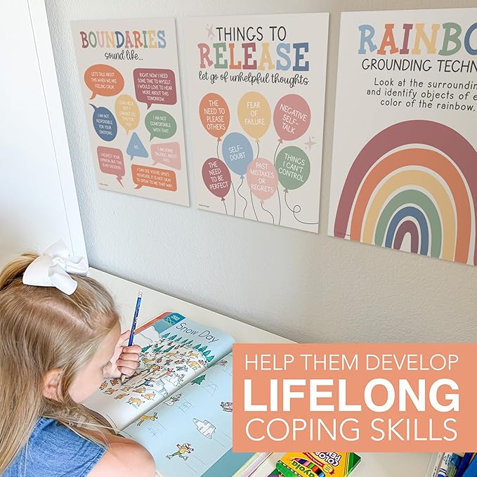 Hadley Designs 9 Mental Health Posters for Classroom - School Counselor Office Must Haves, Mental Health Therapy Office Decor, Growth Mindset Posters, Wheel of Feelings Chart, Boho Classroom Decor