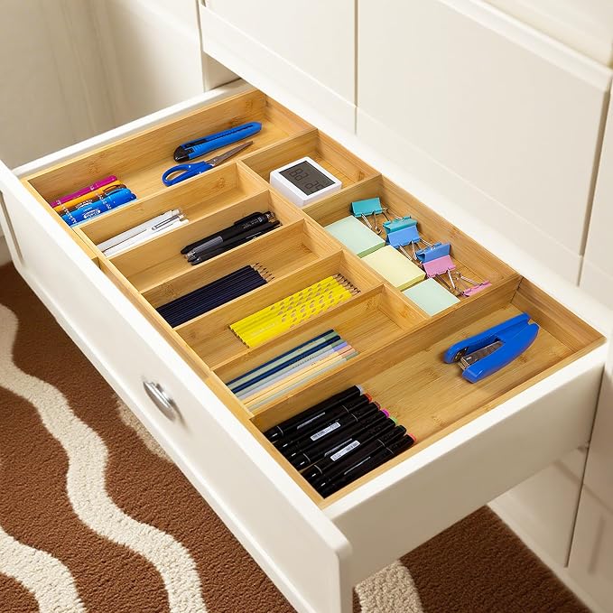 Utoplike Extra Large Kitchen Drawer Organizer, Solid Bamboo Silverware Tray | Expandable Drawers Organizer Holder for Utensils, Cutlery, Silverware, Flatware and Spatulas, with Non-slip Pads, 7-9 Slots
