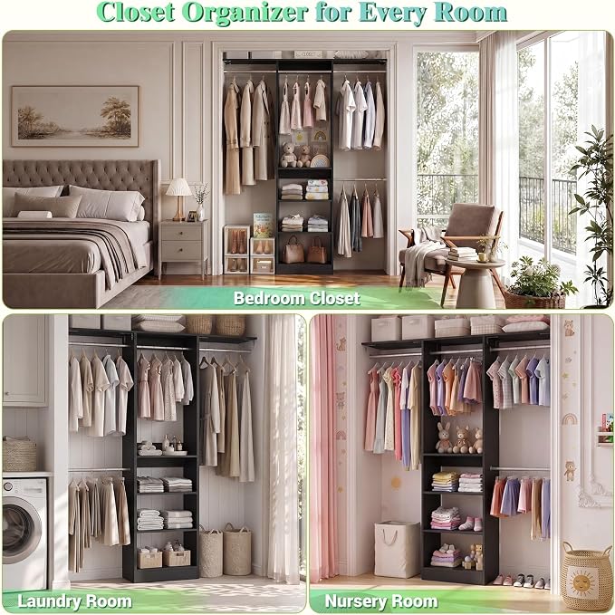 Besiost 48" Closet Organizer System, 4FT Closet System for Small Closets with 4 Hanging Rods & 3 Shelves, 80"H Small Closet Organizers and Storage for Bedrooms, Cloakrooms, Black